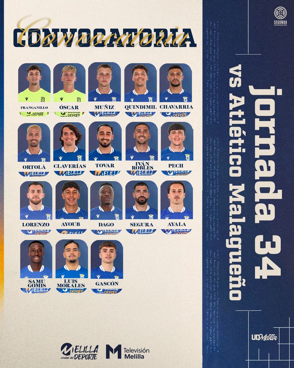 UDMelilla's tweet photo. 🗒️ 𝐂𝐎𝐍𝐕𝐎𝐂𝐀𝐓𝐎𝐑𝐈𝐀  

Esta es la lista de convocados  para el  #MalagueñoMelilla que se juega mañana domingo a partir de las 12:00 horas en la Ciudad Deportiva Fundación Malaga CF https://t.co/q9MWGMaTlr
