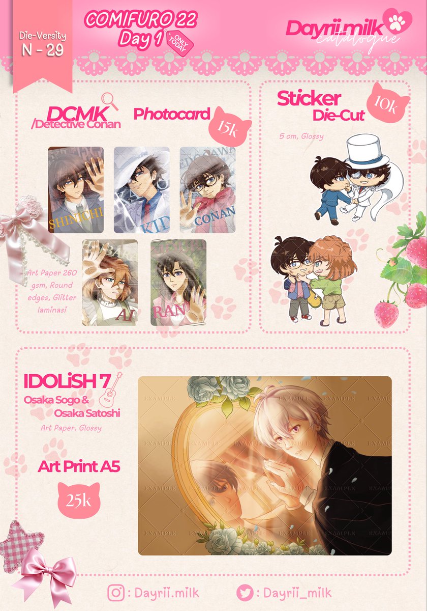 Dayrii_milk's tweet photo. RT &amp; ❤ Appreciated!!! (◍•ᴗ•◍)੭ ੈ❤︎

Hi i’m selling OTS #comifuro22 for the first time!🌸

🛎️ 16 May 2026, Saturday Only!
📍 Circle : N-29 A/B, Die-Versity
🔍⊹Card Captor Sakura &amp; Detective Conan⊹

#cf22catalog #Comifuro22 #CF22 #Cardcaptorsakura #Detectiveconan #DCMK. https://t.co/i6IXPbrTup