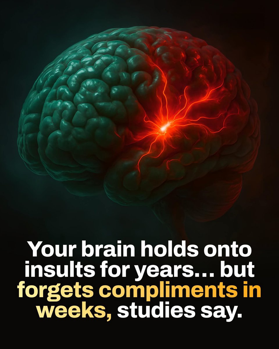 ShiningScience's tweet image. The brain is naturally wired to remember pain, threats, and criticism more strongly than praise. This evolved to help humans survive by spotting danger quickly. 

The amygdala, a key emotional center, becomes highly active during negative experiences, signaling the hippocampus to