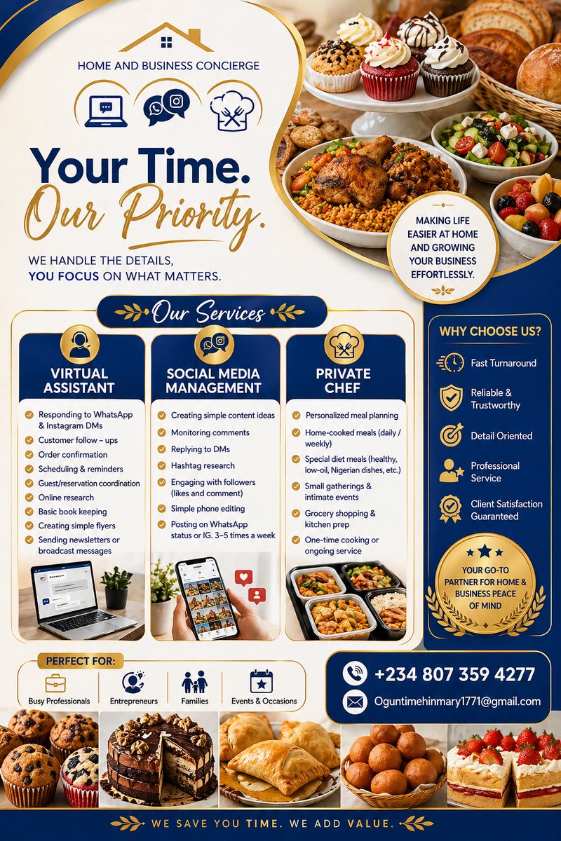 Eyinola19's tweet image. Imagine not having to worry about the little things…
No stress about replying messages, planning meals, or keeping up with your business tasks.
That’s where we come in 💙
We help you save time, stay organized, and enjoy peace of mind.
Message us today 📩
#TimeSaver