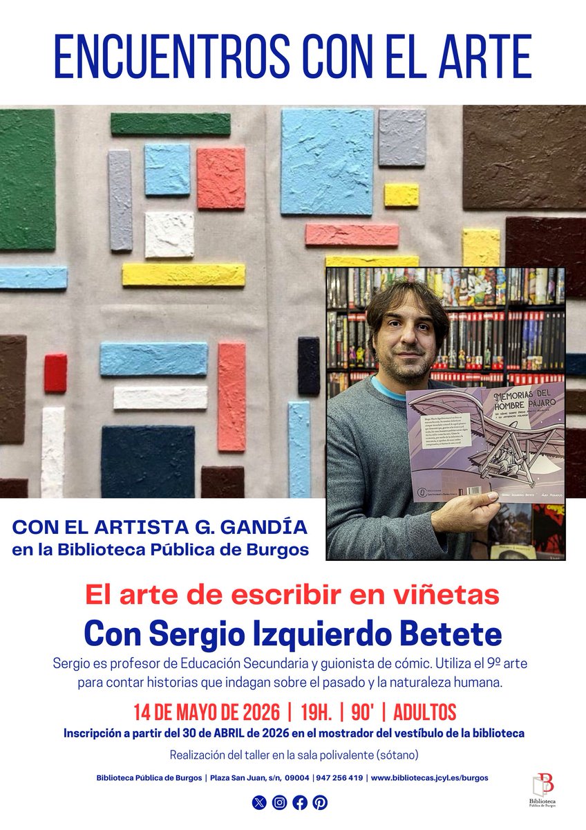 biblioburgos's tweet image. 🎨✍️ El arte de escribir en viñetas

Taller “Encuentros con el arte” de Jesús María Gandía
Contamos con Sergio Izquierdo Betete  para aprender a contar historias en cómic y crear juntos.
✍️Abierta. Ven!

📅 14 | 🕖19:00 | ⏳90`

📍#BibliotecaPúblicaBurgos
#ArteYCómic #Creatividad
