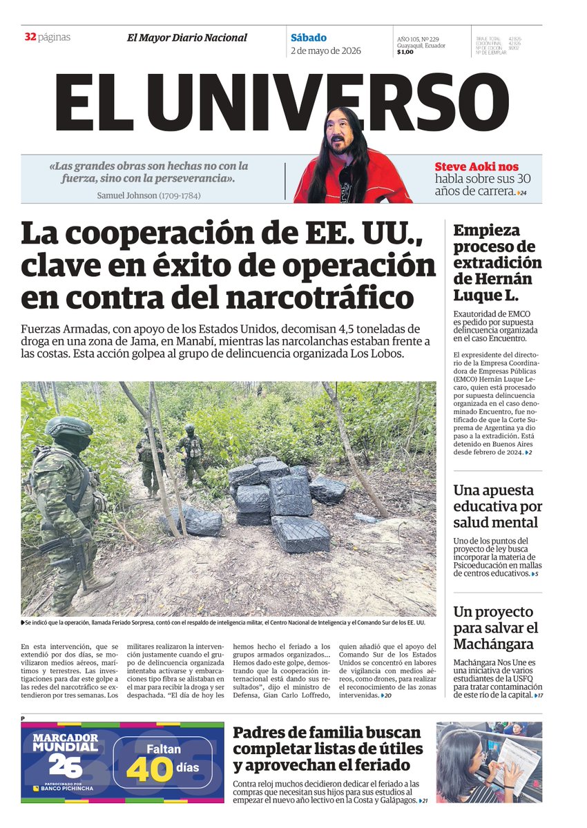eluniversocom's tweet image. Les compartimos nuestra portada de este sábado 2 de mayo. Las #noticias de #Ecuador y el mundo en eluniverso.com