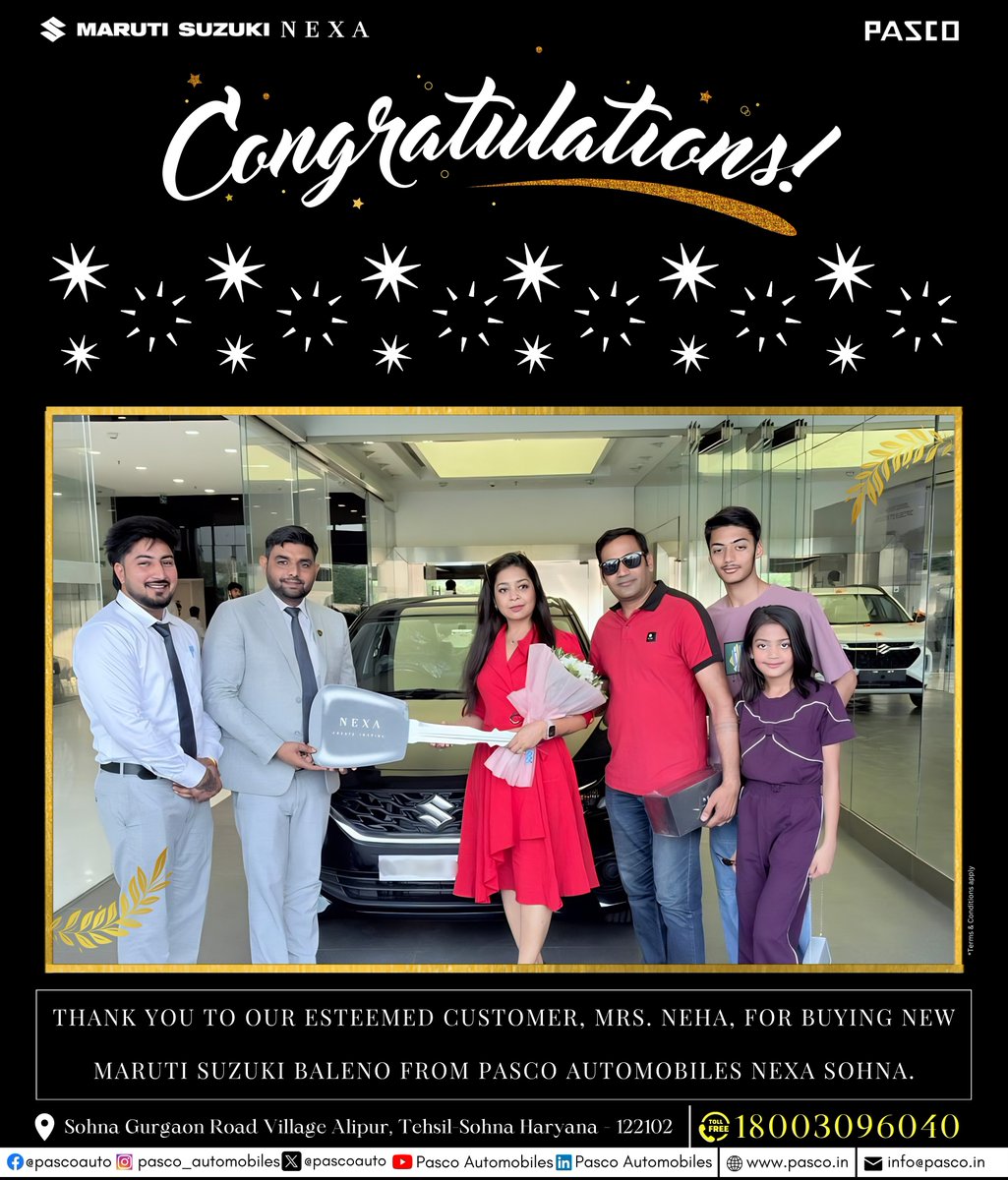 pasconexa's tweet image. Many, many congratulations to Mrs. Neha on bringing home the stylish and premium #MarutiSuzukiBaleno

Wishing you many joyful and safe journeys ahead!

📞 Toll-Free: 1800 309 6040
🌐 pasco.in

#NewCar #HappyCustomer #NEXAExperience #PascoAutomobiles #PASCONEXA