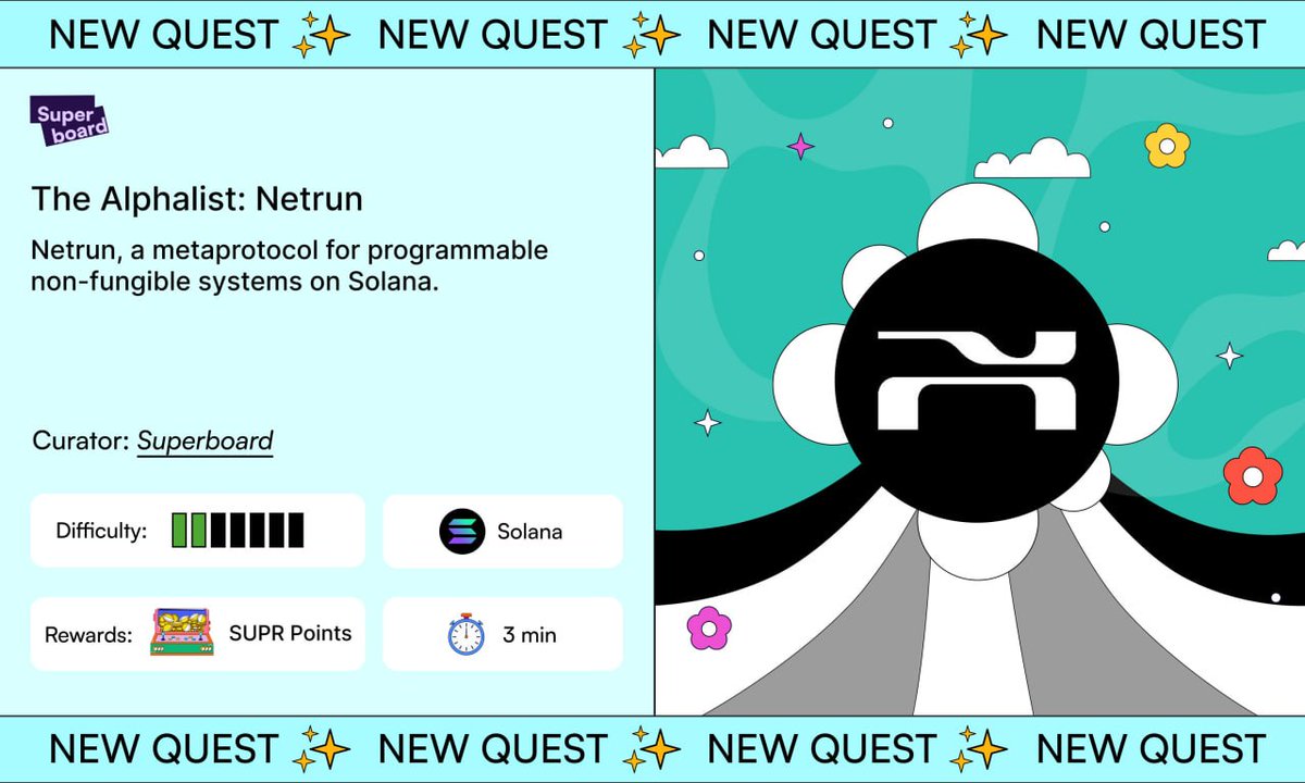 🪂🪂 Netrun Alphalist Quest! <a href="/netrun_xyz/">Netrun</a>

🎁 Reward: 50 SUPR Point's 

Steps 👇

➡️ Complete First Quest Here : superboard.xyz/quests/the-alp…

- Get Alpha Pass
- Apply for Netrun testnet

*"" Netrun Tesnet Coming Soon 
14.05.26