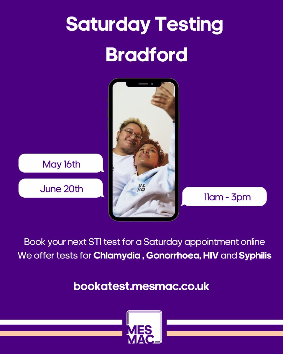 mesmachealth's tweet photo. Looking for a more flexible way to get tested? We’re offering alternative Saturday STI testing times in Bradford on May 16th, 11am–3pm! Our friendly team provides fast, free, and confidential tests for Chlamydia, Gonorrhoea, HIV, and Syphilis. 

Book your appointment via the link in our bio and take charge of your sexual health!

#Bradford #STItesting #GetTested #SexualHealth #LGBTQ #FreeTesting #SafeSex #KnowYourStatus #CommunityHealth #Wellbeing #PublicHealth #sexualhealthmatters #hiv #syphilis #sexpositive