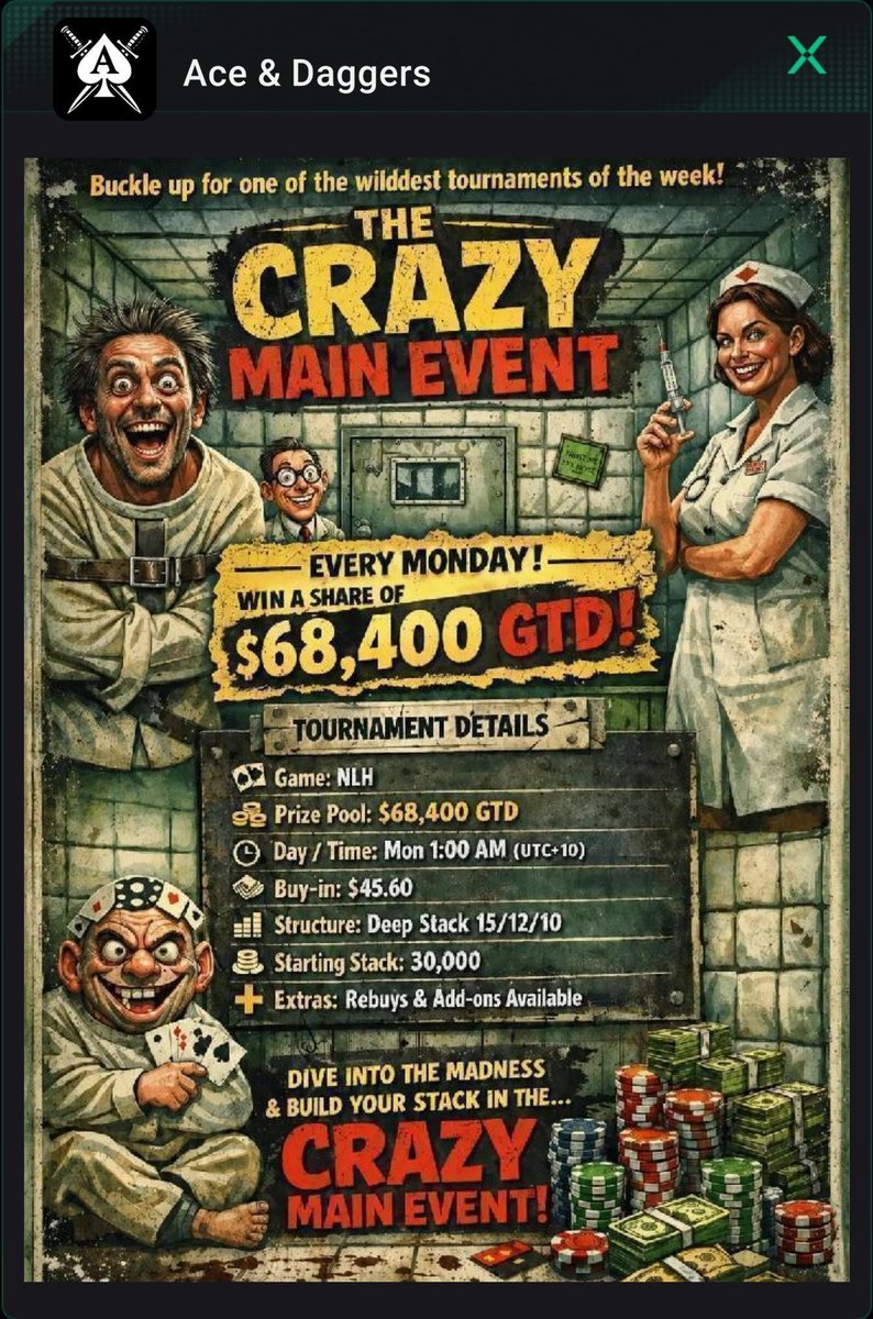 Amyonlinefun's tweet image. Check out it’s Crazy Main Event if you are into MTTs

#MTT #poker #nolimit