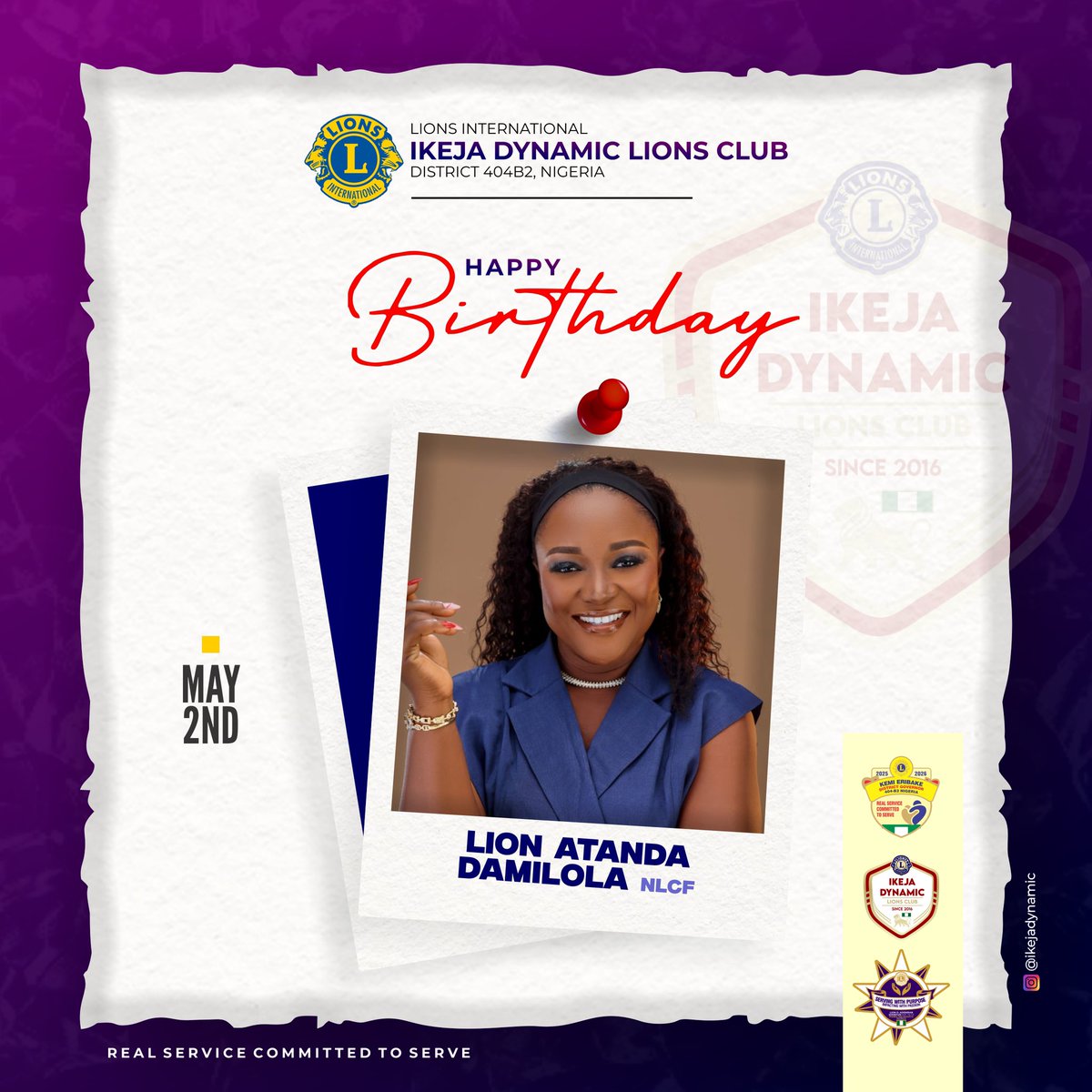ikejadynamic's tweet photo. 🎉 Happy Birthday to our esteemed Lion Damilola Atanda NLCF 🦁  
The Ikeja Dynamic Lions Club celebrates your unwavering dedication, selfless service &amp; powerful impact.  
Wishing you many more years of health, wealth &amp; joy.  
Cheers to you, Lion! 🦁🥂 #HappyBirthday #LionsClub https://t.co/EkAIexc1wC