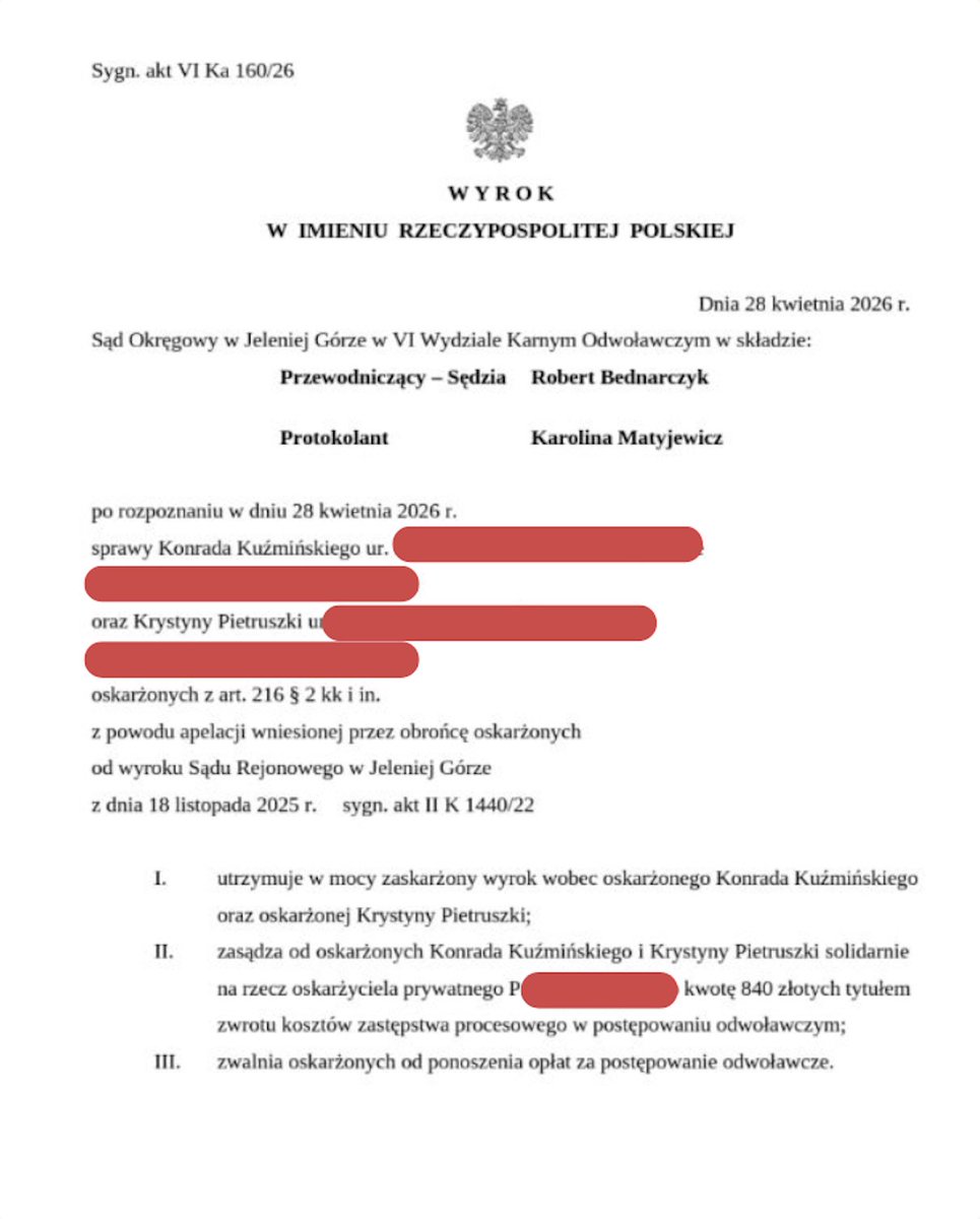 DIOZ przegrał kolejną sprawę karną w sądzie i wyrok jest prawomocny.
Osób z dioz oczywiście nie było na rozprawie. Sprawa dotyczyła znieważenia i zniesławienia lekarza weterynarii. Jednak u dioz nigdy nie  usłyszycie o tych wyrokach, nadal twierdzą, że mają na koncie tylko sprawę