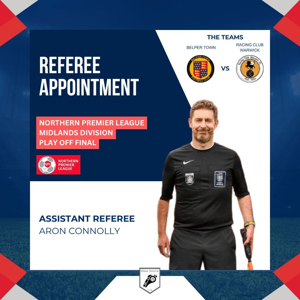 BuryReferees's tweet photo. 🔥 PLAYOFF APPOINTMENT! 🔥

A massive shoutout to Aron Connolly, who has been appointed to officiate a crucial Playoff game this week! 👏 Earning a playoff spot is a huge achievement and a testament to all the hard work put in throughout the season.

A huge congratulations, Aron! https://t.co/RMnAJnlVKJ