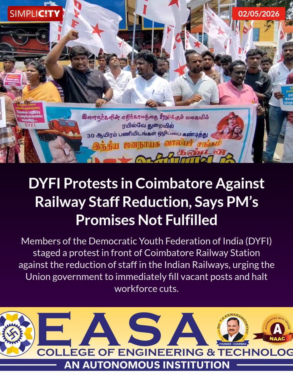 simplicitycbe's tweet image. DYFI Protests in Coimbatore Against Railway Staff Reduction, Says PM’s Promises Not Fulfilled
simplicity.in/v1/coimbatore/…

#railway #jobreduction #protest #coimbatore #railwaysafety #employment