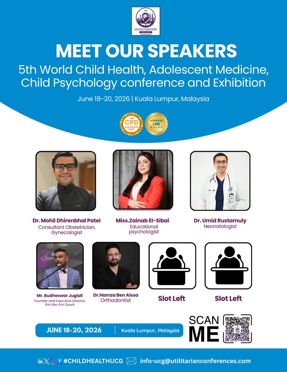 dr_lisharents's tweet image. Meet Our Esteemed Speakers

Join us at the #CME/#CPD Accredited  5th World Child Health, #AdolescentMedicine, and #ChildPsychology #Conference &amp;amp; #Exhibition

📅 June 18–20, 2026
📍 Kuala Lumpur, Malaysia

Register Now: …t-medicine.utilitarianconferences.com/registration