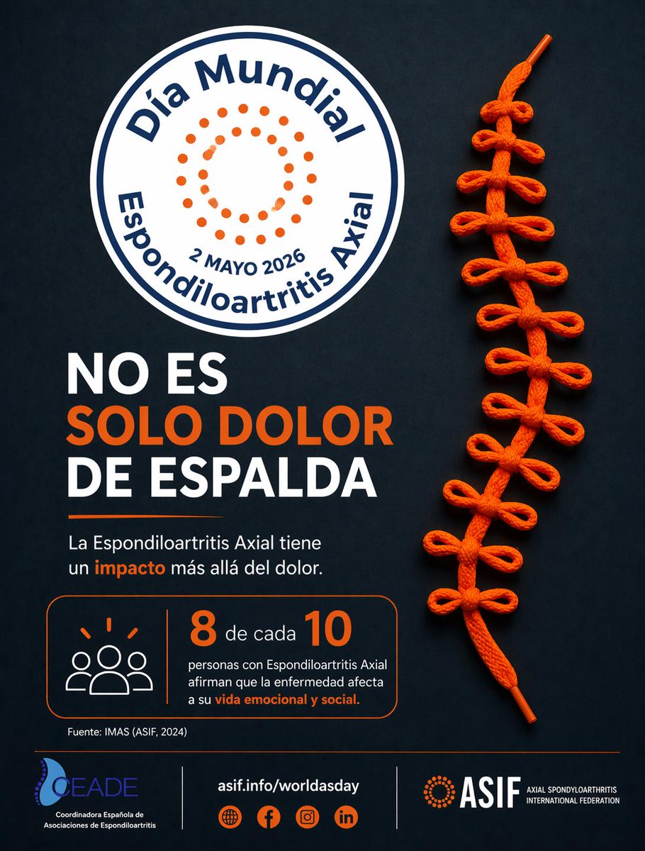 EspondilitisEAS's tweet photo. Hoy, sábado 2 de mayo, es nuestro Día Mundial de 2026. Junto a @CEADE_ y @ASIntFed  , seguimos dando visibilidad con la Campaña #LazosPorLaEspAax .... Los cordones naranja y todo su significado.
#WorldASDay2026 #NoEsSoloDolorDeEspalda #EspAax #DiaMundialEspAax2026 #CEADE https://t.co/P3asRsvak2