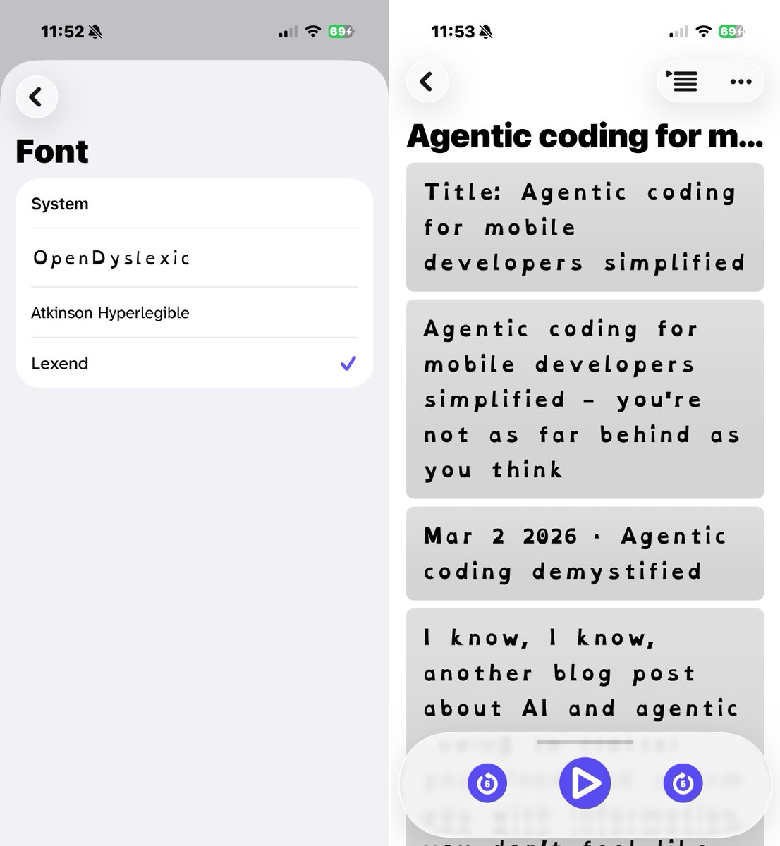 dadederk's tweet photo. Inspired by @klemensstrasser's apps (okay, straight-up copying 😜), Xarra is getting font options: OpenDyslexic, Atkinson Hyperlegible, and Lexend. Each one designed with a different aspect of legibility in mind. 
One more step toward a more accessible reading experience! 

#GAAD https://t.co/xzY5oZsXEu