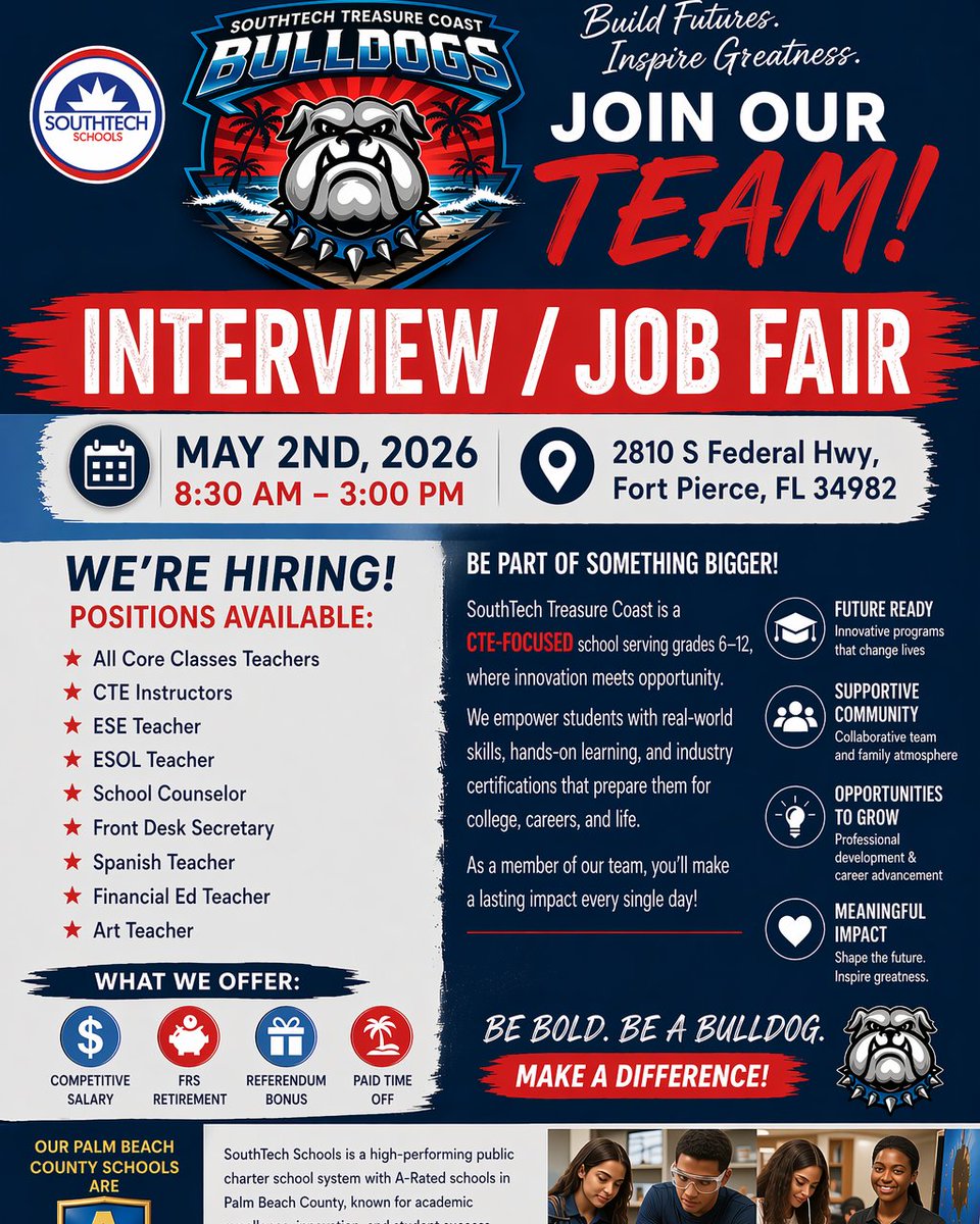SouthTechFL's tweet image. Today, Saturday, May 2, is the #SouthTechTreasureCoast #jobfair from 8:30 am - 3 pm at our new campus located at 2810 S. Federal Hwy, Fort Pierce, FL 34982. Please bring your resume and at least 2 references. Interviews on site! 🐾 #nowhiring #southtechprime