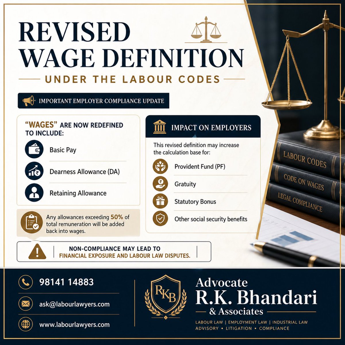 co_prabal's tweet image. ⚖️ Employers must revisit salary structures under the revised definition of “Wages” under the Labour Codes.

A compliant wage structure today can prevent costly disputes tomorrow.

📞 98141 14883 
✉ ask@labourlawyers.com 
🌐 labourlawyers.com

#LabourLaw #EmploymentLaw
