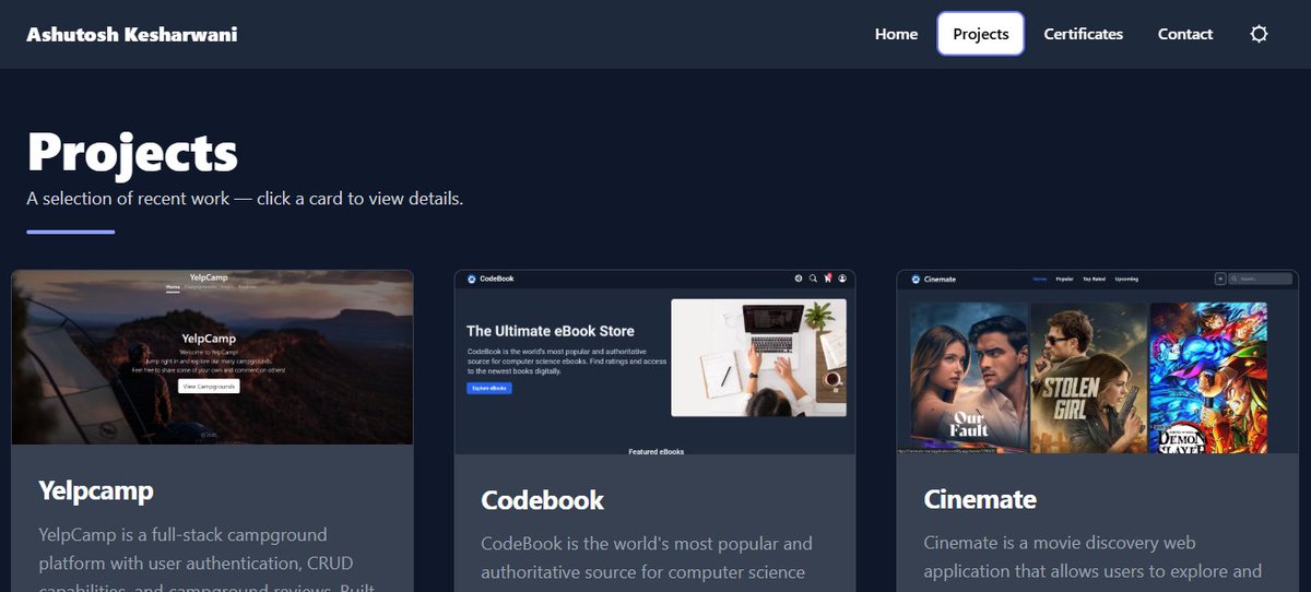 ASHU361_'s tweet image. I just deployed the updated version of my portfolio website 🚀

What I focused on:
• Clean UI/UX
• Responsive design
• Real project showcase
Live: […shutosh-kesharwani-project.vercel.app]
Feedback welcome 👇

#Frontend #ReactJS #WebDevelopment
