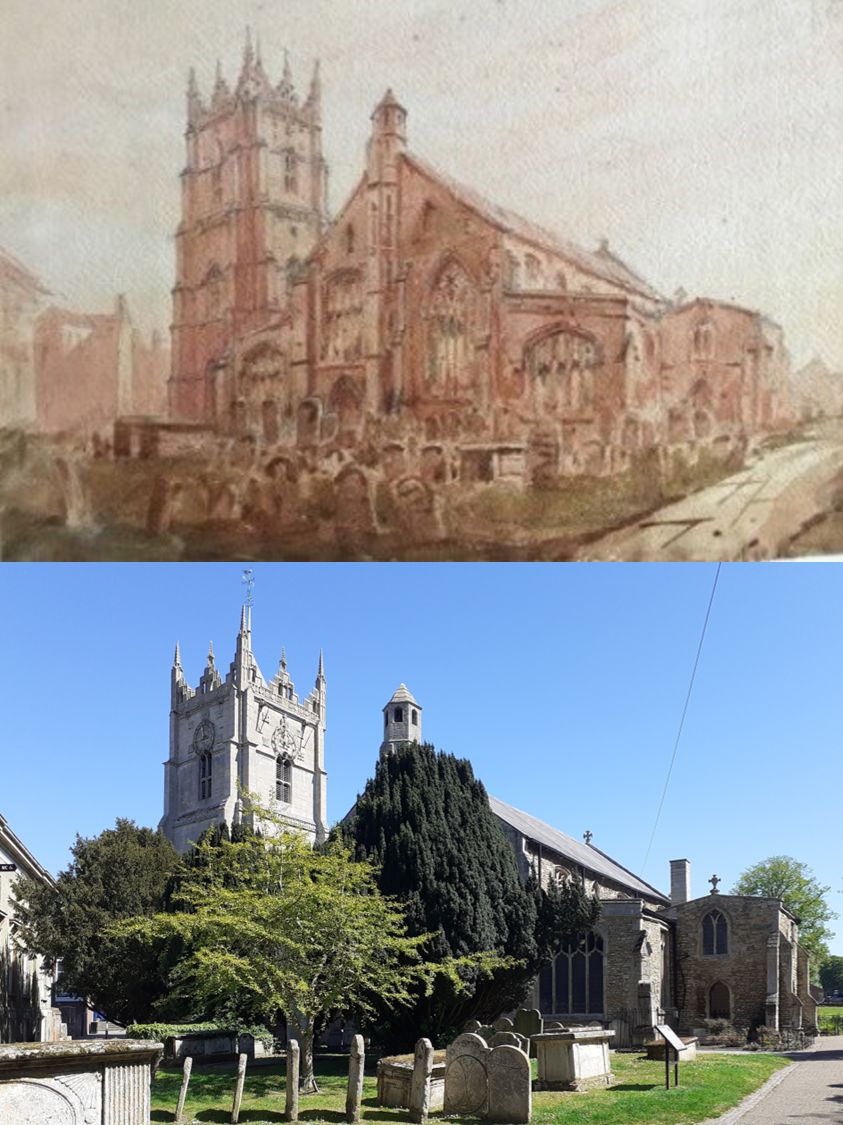 lichfieldbaker's tweet photo. St Peter and St Paul Wisbech. Another in the series "John Louis Petit then and now". The upper picture was painted in 1845. The lower photograph was taken on May 1st 2026 from (almost) the same location https://t.co/y4Fc9qk4bo