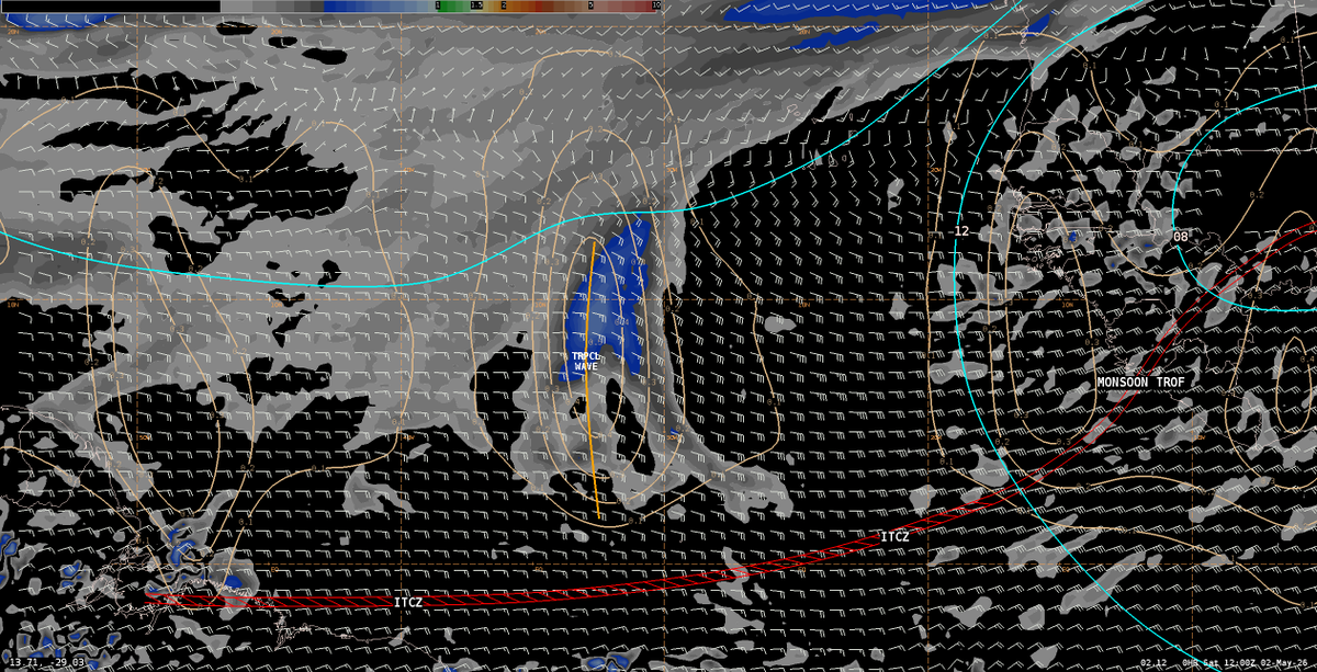 [May 2 1600 UTC] Using AI Diagnostics (tan contours) and model data ...