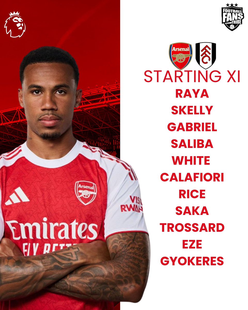 FansTribeHQ's tweet image. Arsenal 🆚 Fulham Starting XI. Miles Lewis Skelly starts in midfield ahead of Zubimendi 

#arsenal #fulham #premierleague