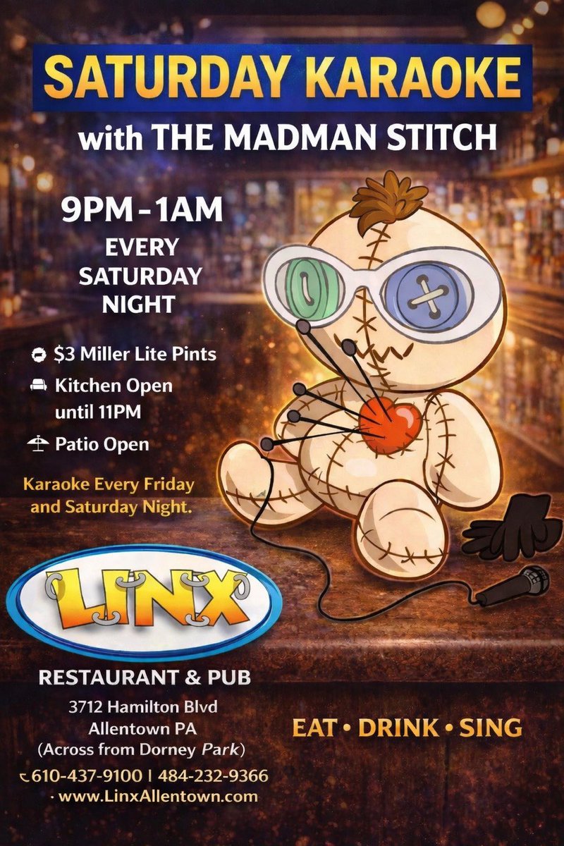 LinxAtownPA's tweet image. The one and only MadMan Stitch Karaoke show starts at 9pm TONIGHT  #dinner #lehighvalleypa #dinnerspecials #drinkswithfriends #drinkswiththegirls #karaoke #karaokesaturday
