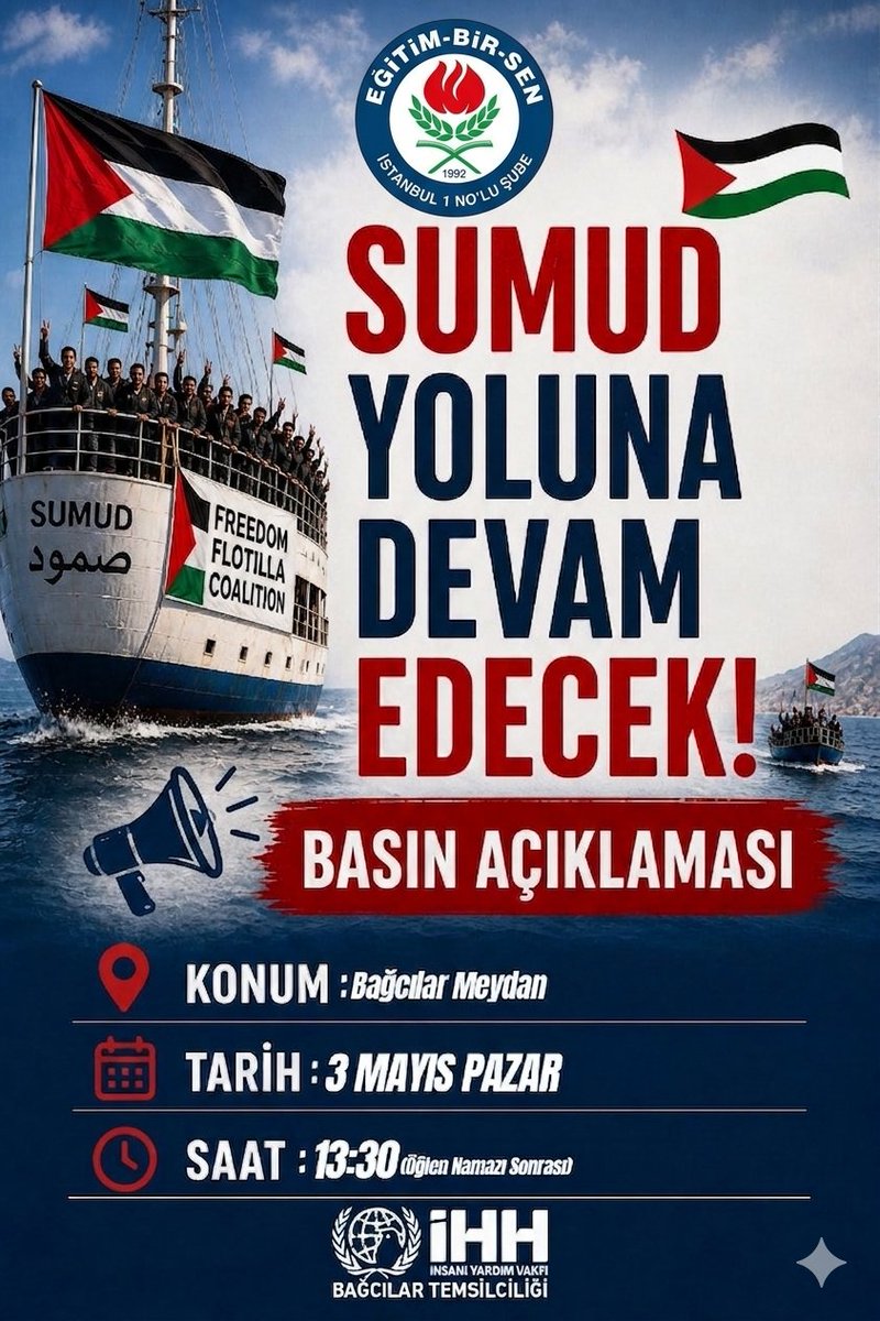 ebsistanbul1's tweet photo. Sumud Filosu aktivisti, Eğitim-Bir-Sen İstanbul 1 Nolu Şube Başkanı Mükremin KÖSE 'nin de katılacağı basın açıklamasına üyelerimiz davetlidir. https://t.co/myIMQ2pa0E