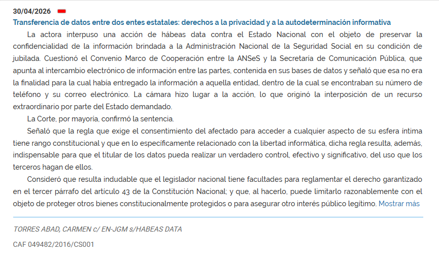 AleajactaestOk's tweet photo. Torres Abad -CSJN-. Las excepciones al consentimiento en la Ley de Datos personales con fundamento de la ley, necesidad de resguardar otros derechos o intereses públicos, proporcionadas y no alteran la substancia del derecho fundamental. Un universo amplísimo. https://t.co/cDE23OiiEx