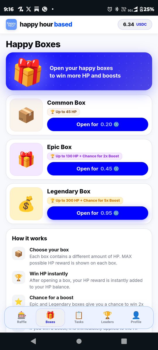 HarshitXXME's tweet image. Season 1 of HHB by @mksvibe  LIVE 🚀
Grinding just got real on Happy Hour 👀
🎁Open Boxes
• Common / Epic / Legendary
• Big HP rewards + chance for 2x &amp;amp; 5x boosts
🔥 Daily Moves
• Post about the app = +10 HP everyday
• Complete tasks
• Daily check-ins + boosts