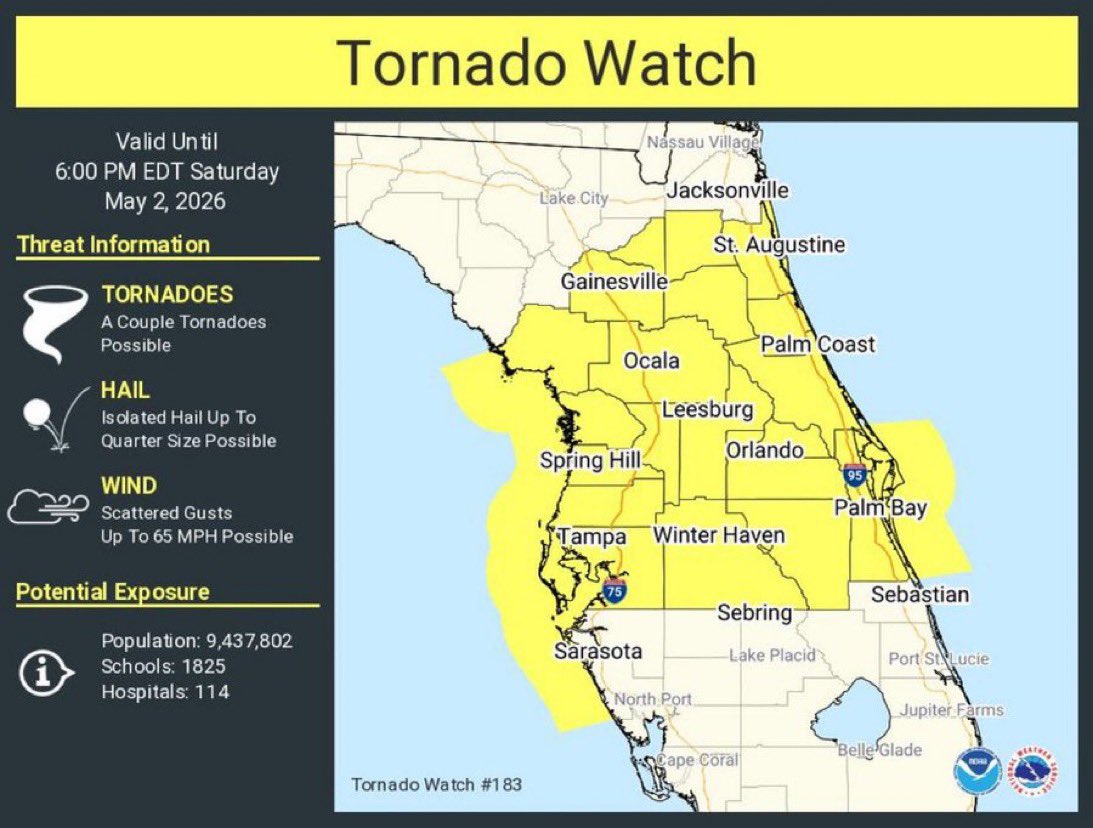 🚨A TORNADO WATCH has been issued for portions of Florida until 600PM EDT. #flwx