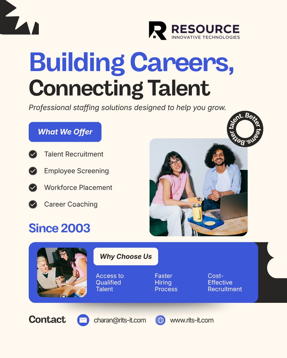 rits_it4u's tweet image. Strategic Staffing &amp;amp; Talent Acquisition Solutions for the Modern Workforce
#Staffing, #Recruitment, #Hiring, #TalentAcquisition, #StaffingAgency, #RecruitingLife, #ExecutiveSearch, #CareerAdvice, #JobSearchTips, #ResumeTips, #InterviewPrep, #CareerDevelopment, #NowHiring,