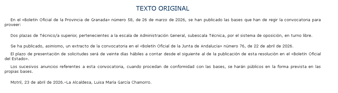 JDomingoGallego's tweet photo. Convocatoria de dos plazas de Técnico Superior de Administración General en Ayuntamiento de Motril, sistema oposición, turno libre https://t.co/NflDIVmjps