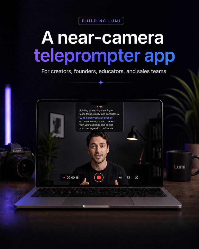 robertorochamkt's tweet photo. @rdbuilds7 I’m building Lumi — a near-camera teleprompter for Mac and Windows that helps creators, founders, educators, and sales teams speak naturally on camera: https://t.co/SZwe8YSBIb https://t.co/T4mkj53Jtg