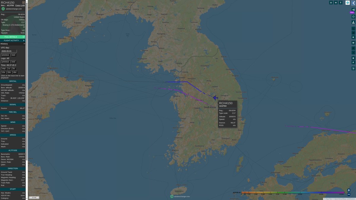 steffanwatkins's tweet image. The plane that "couldn't be tracked" is 🇺🇸 #USAF C-17 Globemaster 08-8204 #AE2FB0, and its transponder was on the whole time. When they crossed over parts of Japan and Korea, 4 ground-based receivers picked up their Mode-S transponder and geolocated them using multilateration