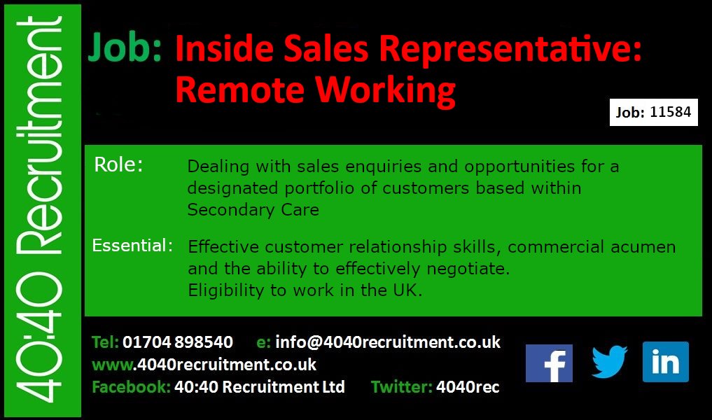 4040rec's tweet image. REF: 11584 #InsideSales / #SalesSupport #workfromhome role based in #NorthWest Details at: zurl.co/OvNwO #CustomerCare #CustomerSupport #CustomerService #WFH #Remoteworking #medicalsales