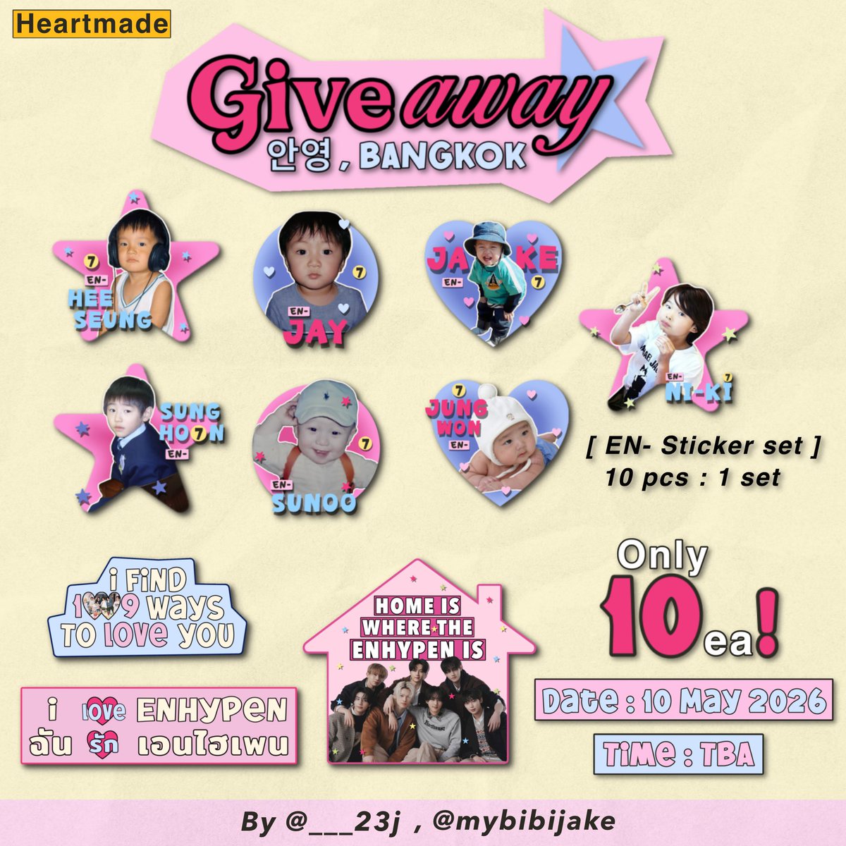 pls kindly rt  🧛🏻יִ ♡⸝⸝

giveaway, #안녕_BANGKOK #ANNYEONG_BANGKOK
by <a href="/___23j/">ก๊วยเอง ♡ྀི🎠</a> , <a href="/mybibijake/">thisuserwannahugu⭐️</a> 

date: 10 may 26
time: tba
location:  thunder dome stadium

♡ OT7 sticker (10 pcs/ 1 set)
💌 only 10 ea !

༘♡  rt &amp; show this tweet to claim

#ENHYPEN #엔하이픈