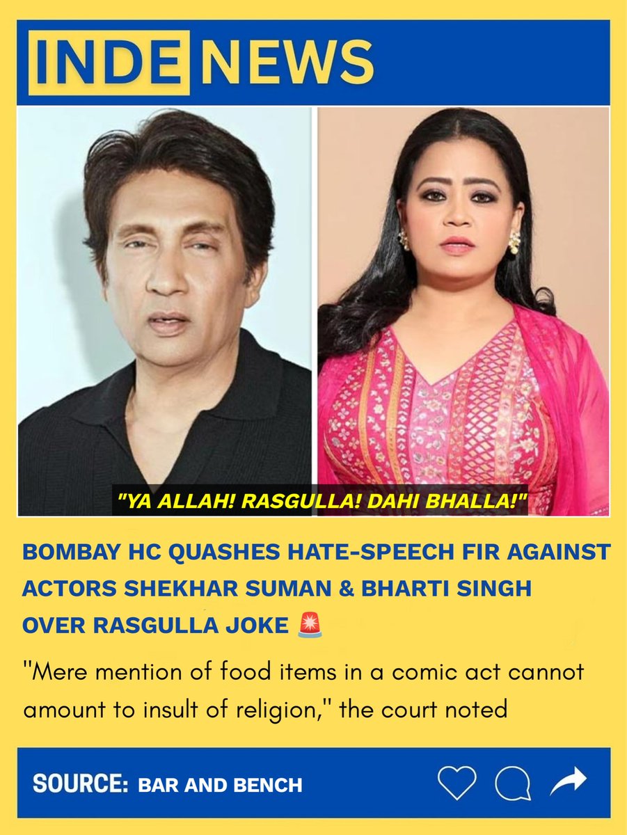 IndeNews_'s tweet image. Bombay HC quashes hate speech FIR against Bharti Singh and Shekhar Suman 🚨

#bombayhc