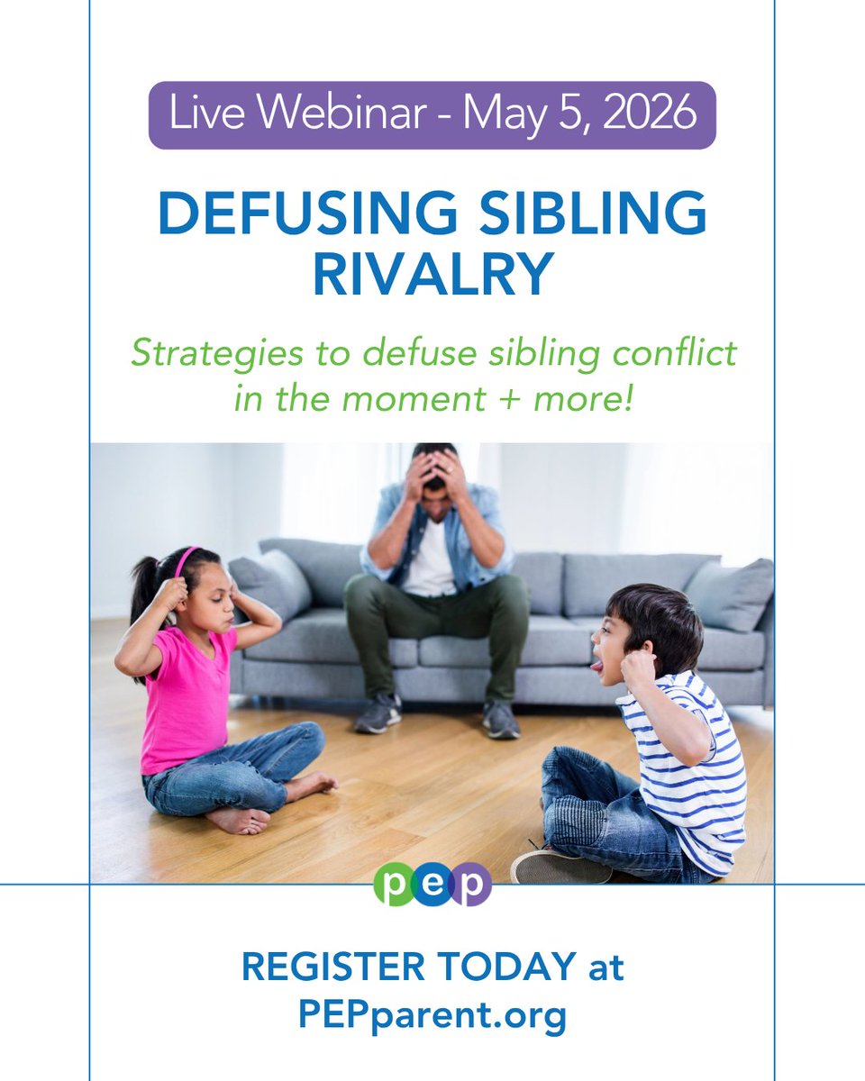PEPParent's tweet photo. Join us for Defusing Sibling Rivalry, a live PEP webinar to help parents better understand why children fight—and what to do to guide them toward healthier interactions.

May 5, 2026
8–9 PM EST

Register now and gain strategies you can start right away.
https://t.co/G7ujUApHGa https://t.co/mUaau4iLBt