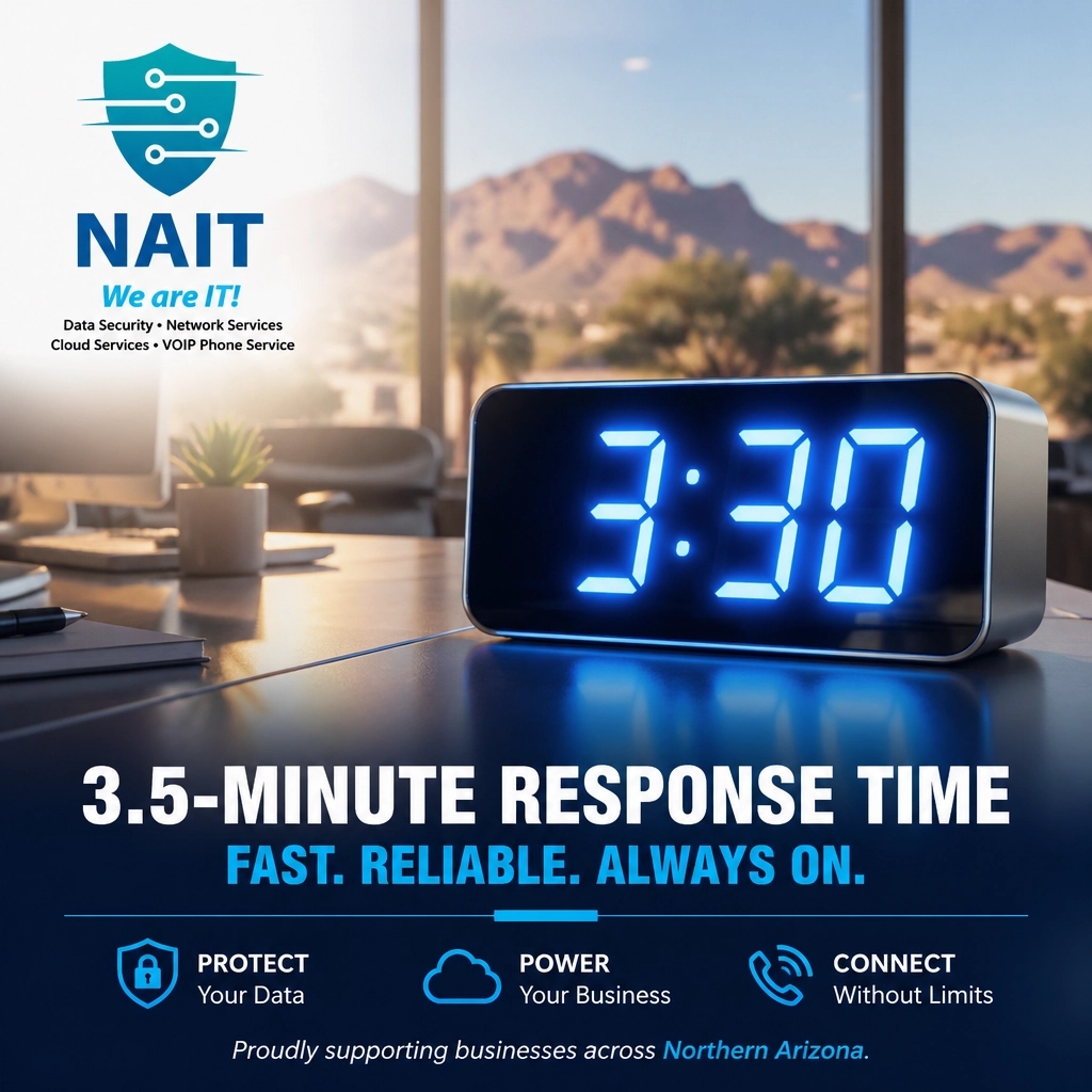 arizona_it's tweet image. Myth #5: "Waiting for IT is normal." 📞 24h is an eternity in an attack. At Northern Arizona IT, our avg response is 3.5 mins! ⚡ This speed stops hackers fast. Part of our 5-Day Small Biz Security Myth-Buster Series. #ArizonaTech #CyberDefense #ITSupport