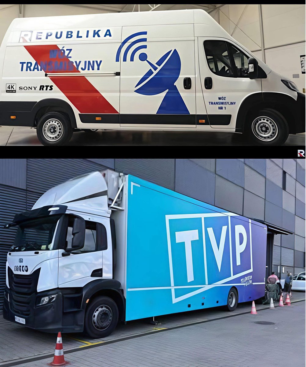 Wóz transmisyjny Republiki za 5,5 mln złotych (zebranych od widzów na walkę o prawdę) i wóz transmisyjny TVP w likwidacji. 
🤪
P.S. 
To oczywiście musi być fejk.