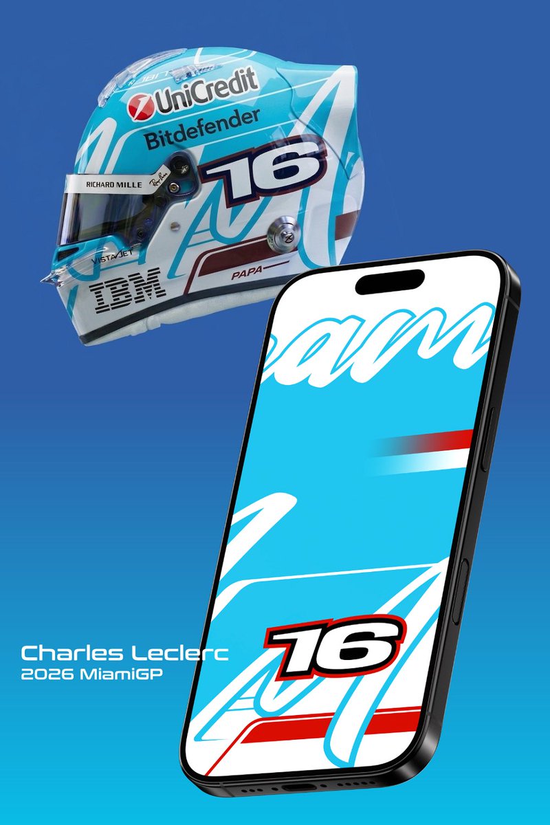 Repliqart's tweet photo. Miami weekend is live! 🏎️🌴
Unofficial fan-art wallpapers inspired by #CharlesLeclerc 2026 #MiamiGP helmet.
Take the tropical race atmosphere everywhere: phone - tablet - desktop￼ https://t.co/5lc12Ru9PY
