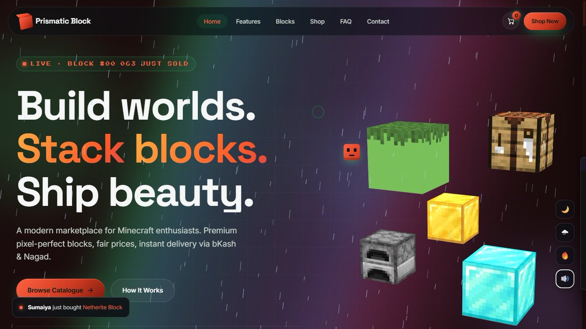 danjixdR's tweet image. Just built a premium Minecraft marketplace website 🔥 - Smooth animations - Modern UI - Ready to sell blocks  Want this for your brand? minecraft-website-liart.vercel.app/index.htmlDM📷 #WebDesign #UIUX #WebsiteDesign #Frontend #WebDeveloper #DíaDelTrabajo