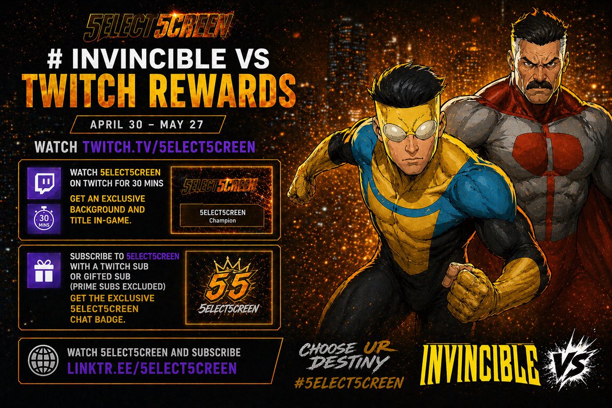 5elect5creen's tweet image. ETA 1 hour for our first #InvincibleVs stream! #ChooseUrDestiny #Subscribe #FYP linktr.ee/5elect5creen @InvincibleVS