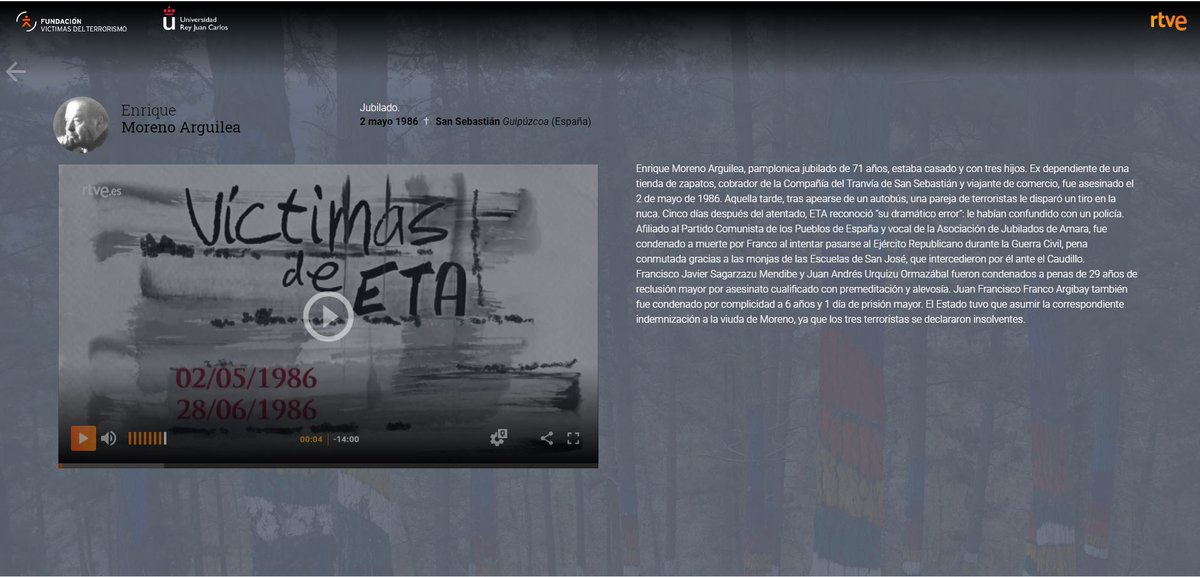 _FundacionVT's tweet image. Siempre en la #memoria. El 02-05-86, ENRIQUE MORENO ARGUILEA, jubilado, fue asesinado en San Sebastián por #ETA. Tras apearse de un autobús, dos terroristas le dispararon un tiro en la nuca. ETA reconoció que su asesinato fue “un error”. Tenía 71 años.
rtve.es/memoriadevida/…