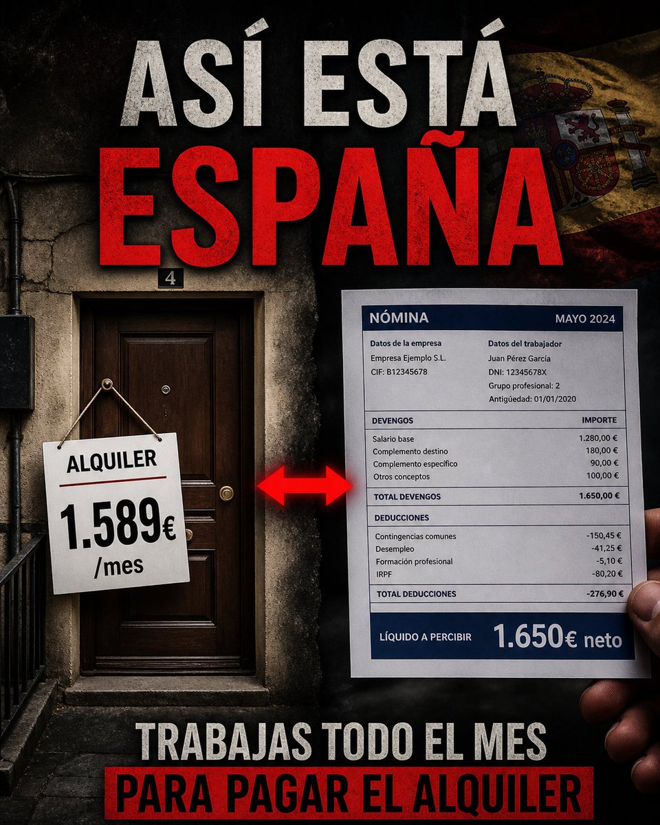 EugenioValle64's tweet image. España. 2026.
Alquiler medio en Madrid: 1.589€ 
Salario medio neto: 1.650€
Un piso entero = un sueldo entero.
Y Sánchez dice que la economía va bien. 😂
#Vivienda #Madrid #España