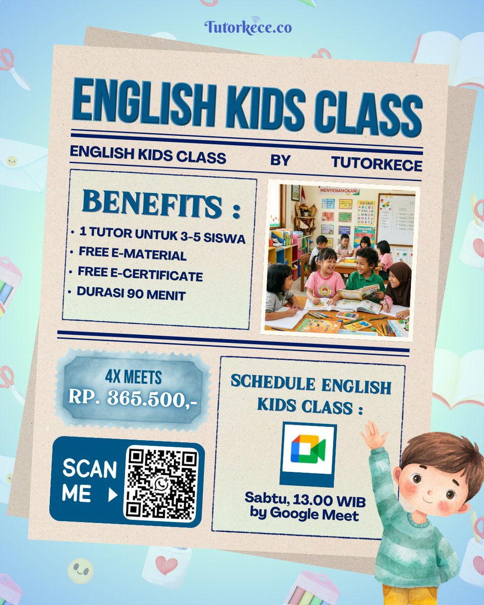 POV : Kamu nemu kursus English buat anak yang harganya affordable tapi fasilitasnya lengkap banget 🫶 
Sertifikat dapet, E-Material dapet, Tutornya fun lagi! 🤗

Fix, langsung scan QR-nya sekarang sebelum full booked! 🤳✨

#StudyGram #KursusOnline #BahasaInggris #Tutorkece