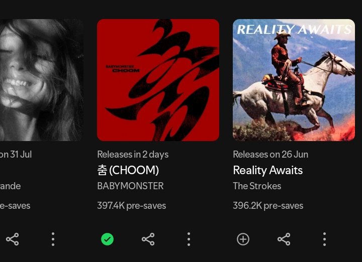 “춤 CHOOM” Pre-Saves on Spotify :

Day1 — 223.4K (#10) *debut
Day2 — 241.9K (+18.5K) 
Day3 — 264.5K(+22.6K)
Day4 — 280.9K (+16.4K)
Day5 — 304.9K (+24K)
Day6 — 322.3K (+17.4K)
Day7 — 341.4K (+19.1K)
Day8 —  354.3K (+12.9K)
Day9 —  365.7K (+11.4K) 
Day10 — 376.5K (+10.8K)
Day11  —