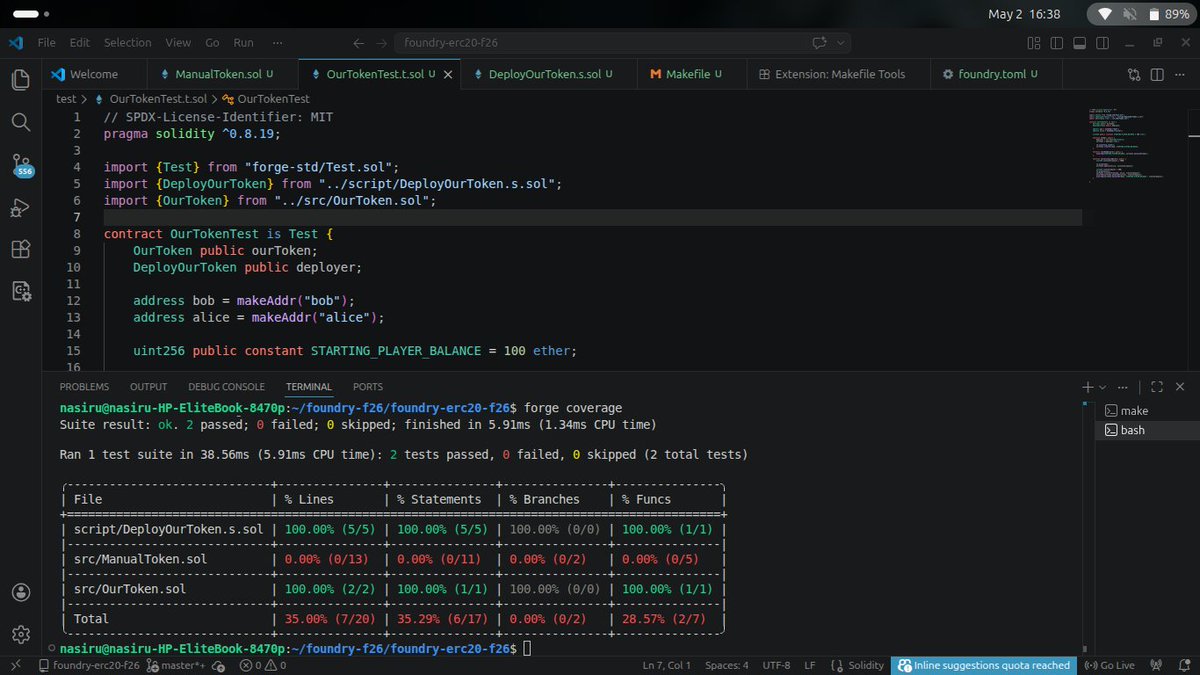 Nasintech's tweet image. Day 46 of becoming a Smart Contract Developer🔥

Started Advanced Foundry today😁.

Here's what I covered:
✅Understood EIP vs ERC20
✅Why OpenZeppelin exists 
✅Deployed an ERC20 on Anvil
✅Wrote &amp;amp; tested ERC20 with AI assistance

@CyfrinUpdraft  #Web3 #Solidity #Foundry