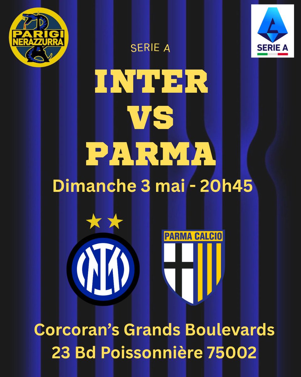 🔥 DIMANCHE FOOT AU CORCORAN’S 🔥

🎉 PROGRAMME DE LA SOIRÉE 🎉

🕗 20h00
➡️ Tirage du numéro gagnant pour remporter le 🎁 maillot dédicacé par toute l’équipe !

⚽ 20h45
➡️ Match Inter vs Parma sur grand écran

#interclub #forzainter #serieA