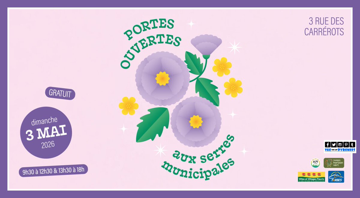 vuesurpyrenees's tweet image. Portes ouvertes 2026 aux Serres Municipales  
Dimanche 3 mai à Tarbes

Programme
vuesurlespyrenees.blogspot.com/2026/05/portes…

Visites guidées, ateliers, conseils ....

#occitanie #jardin #pyrenees #gratuit