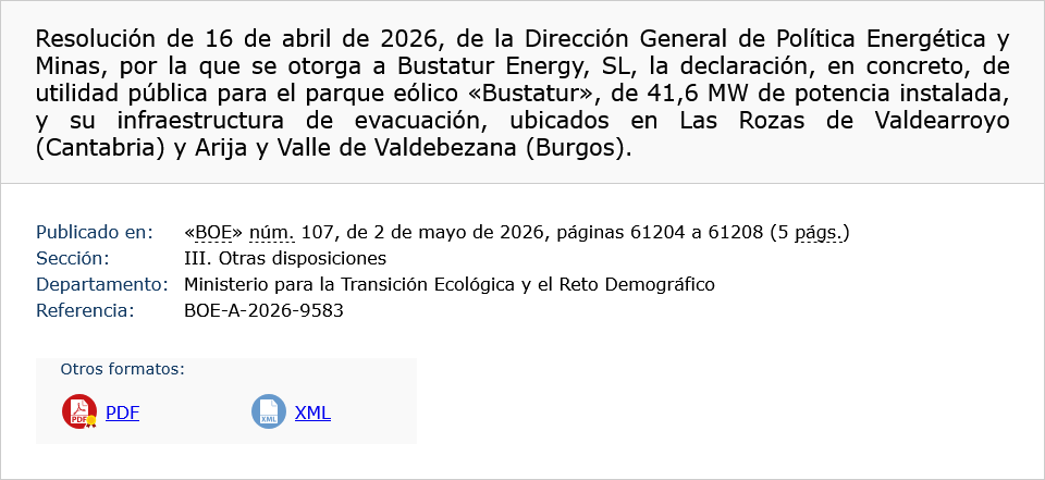 Siguen justificando el sacrificio del sur de Cantabria y del norte de Castilla con la declaración de "utilidad pública" de otro polígono eólico más.

Puede interponerse recurso de alzada en el plazo de un mes.

boe.es/diario_boe/txt…