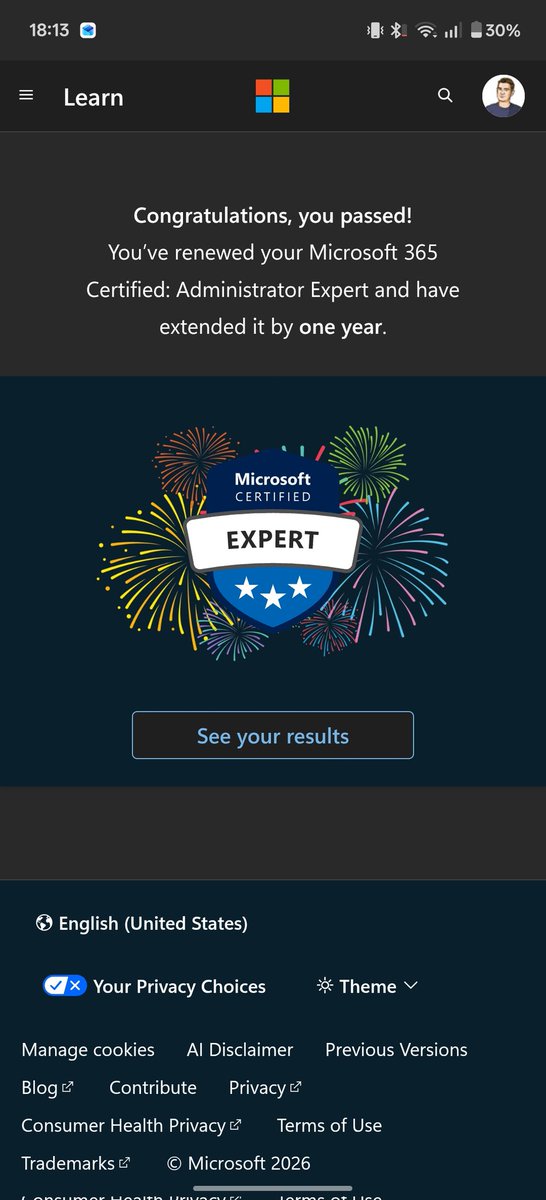 BurgerhoutJ's tweet image. Extended Microsoft 365 Certified: Administrator Expert certification with another year. 

And that while sitting on a terrace with incredibly good weather. 🌞🍺

#MVP #MCT #NeverStopLearning #MSLearn